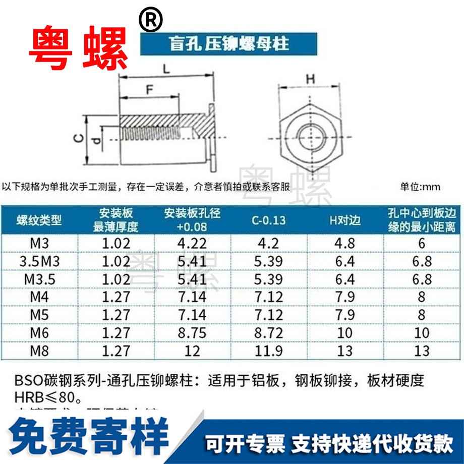 粵螺訂做BSO盲孔壓鉚螺柱 粵螺訂做BSO盲孔壓鉚螺柱